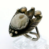 Vintage Sterling Silver Tulip Ring with Flower Agate Cabochon Size 9.25 Signed