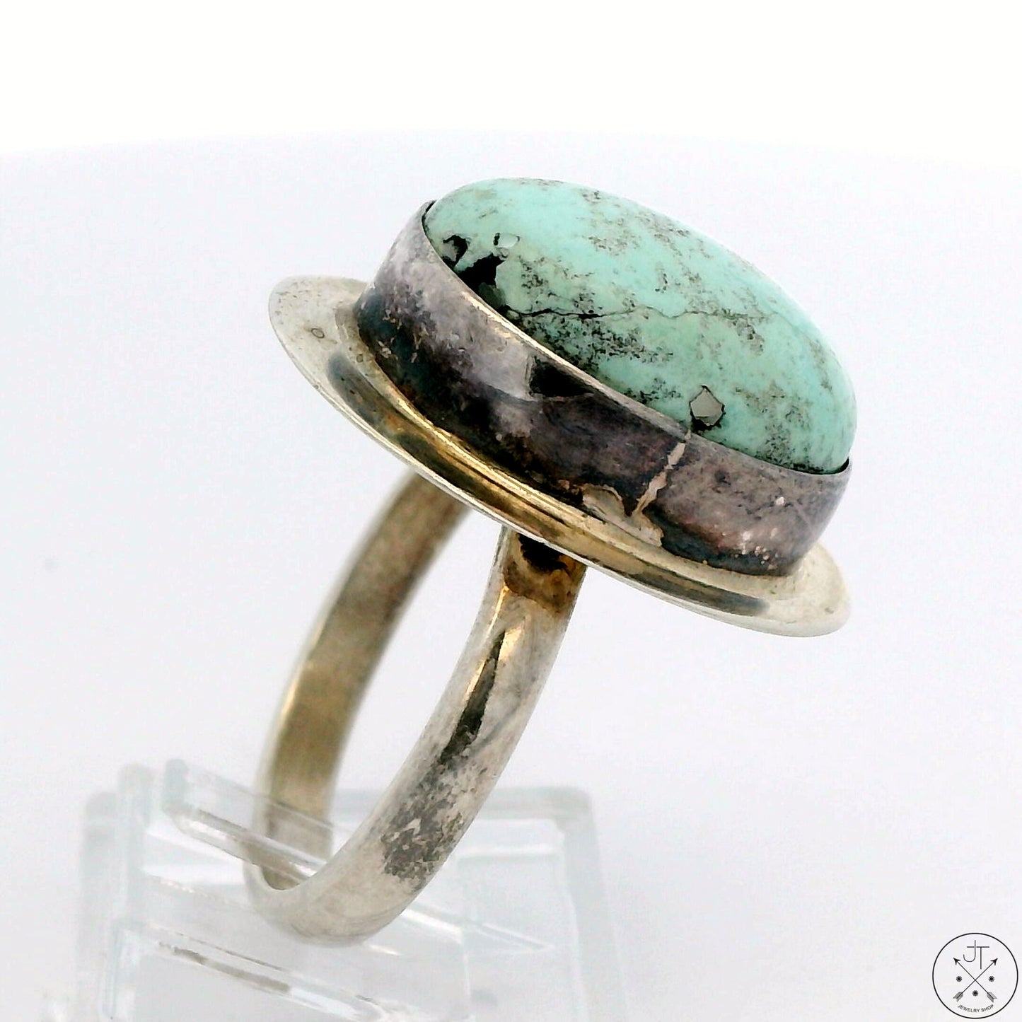 Vintage Signed Native American Sterling Silver Ring Mint Turquoise Size 9.25 Butte