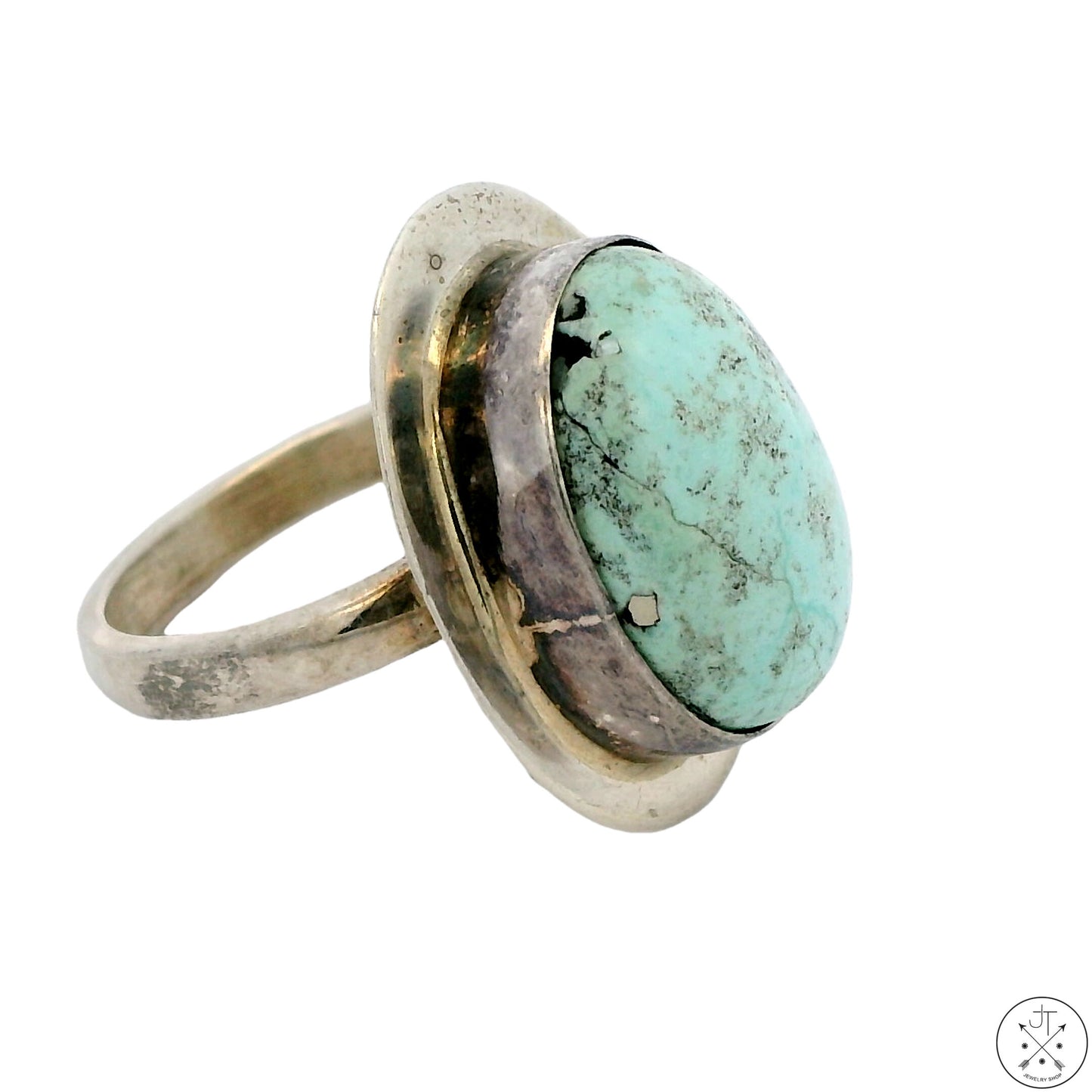 Vintage Signed Native American Sterling Silver Ring Mint Turquoise Size 9.25 Butte