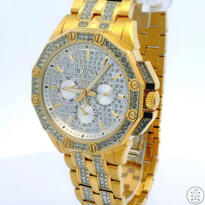 Bulova Octava 41 mm Crystal 98C126 Gold Tone Stainless Steel Quartz Watch Day Date