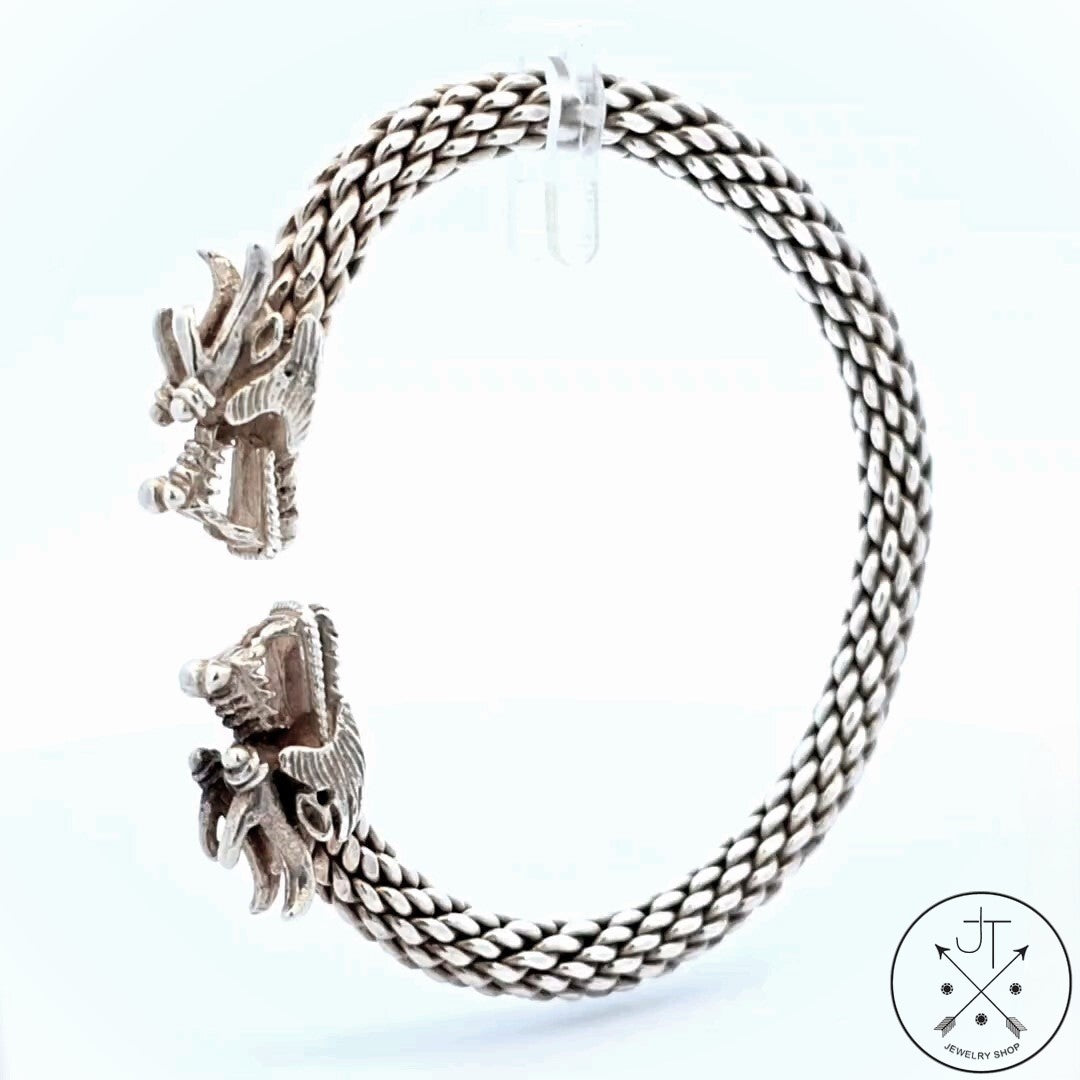 Heavy Vintage Sterling Silver Dragon Cuff Bangle Bracelet 7.5 Inch Double Headed