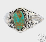 Vintage Navajo Sterling Silver Cuff Bracelet King's Manassa Green Turquoise 6.8 Inch Signed Thomas