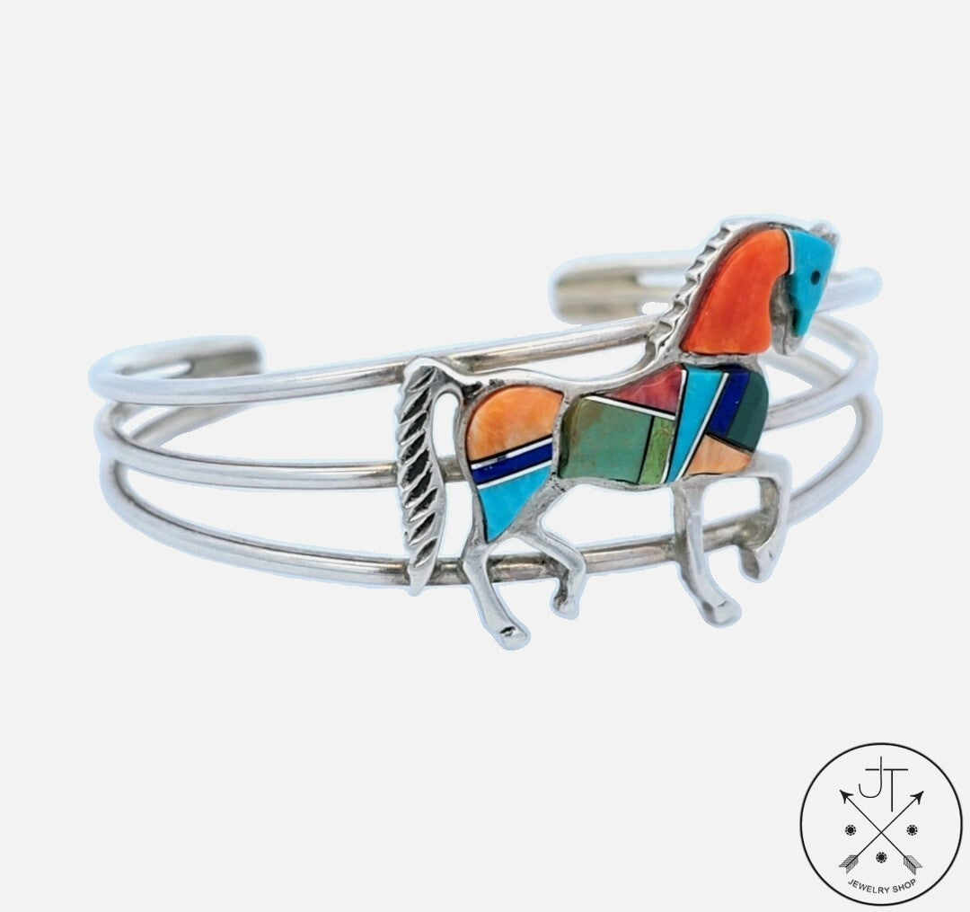 Vintage Navajo Sterling Silver Horse Mosaic Turquoise Cuff Bracelet 6.8 Inch Signed