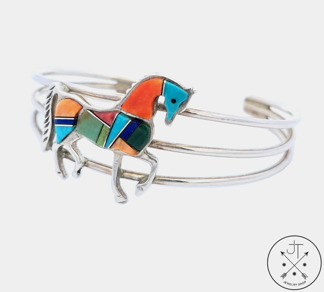 Vintage Navajo Sterling Silver Horse Mosaic Turquoise Cuff Bracelet 6.8 Inch Signed