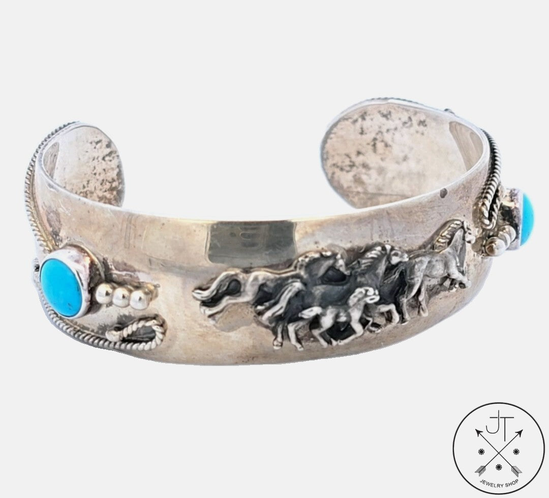 Vintage Sterling Silver Horses Cuff Bracelet 6.7 Inch Running Bear Native American Turquoise