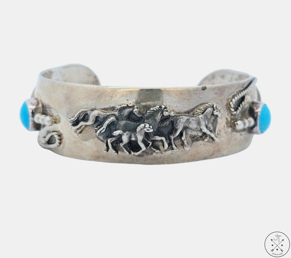 Vintage Sterling Silver Horses Cuff Bracelet 6.7 Inch Running Bear Native American Turquoise