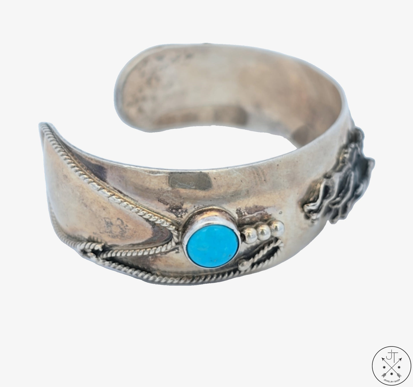 Vintage Sterling Silver Horses Cuff Bracelet 6.7 Inch Running Bear Native American Turquoise