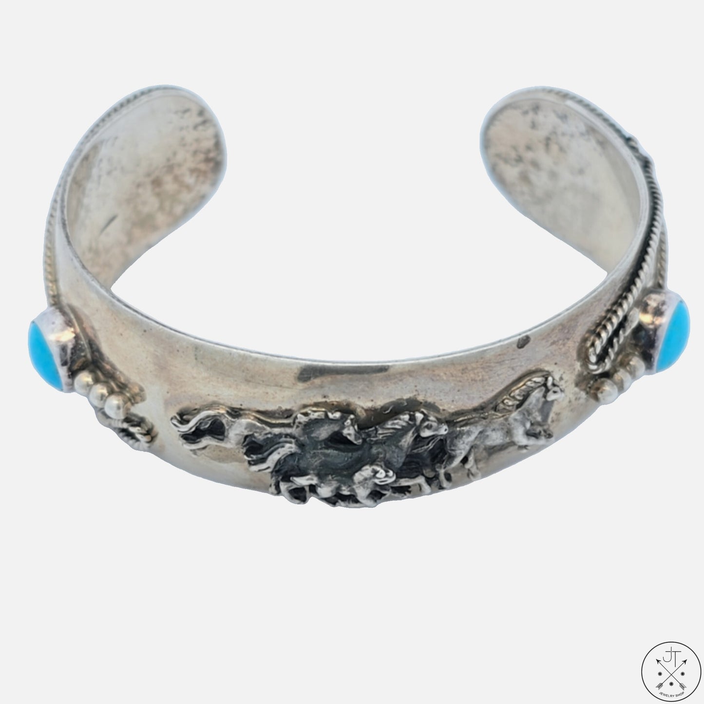 Vintage Sterling Silver Horses Cuff Bracelet 6.7 Inch Running Bear Native American Turquoise