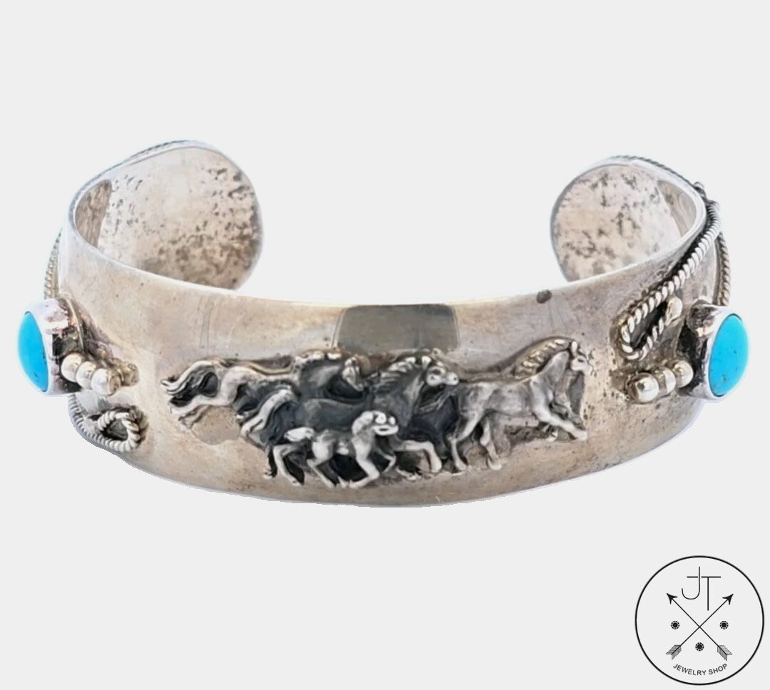 Vintage Sterling Silver Horses Cuff Bracelet 6.7 Inch Running Bear Native American Turquoise