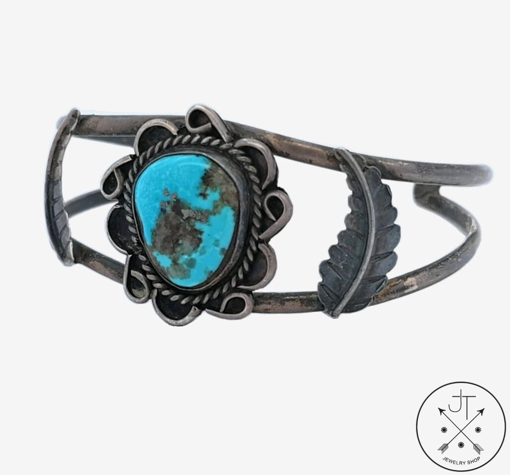 Vintage Sterling Silver Bisbee Mine Turquoise Cuff Bracelet 6.6 Inch Dark Patina