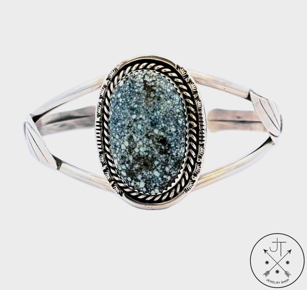 Vintage Navajo Sterling Silver Cuff Bracelet New Lander Turquoise 6.7 in Platero