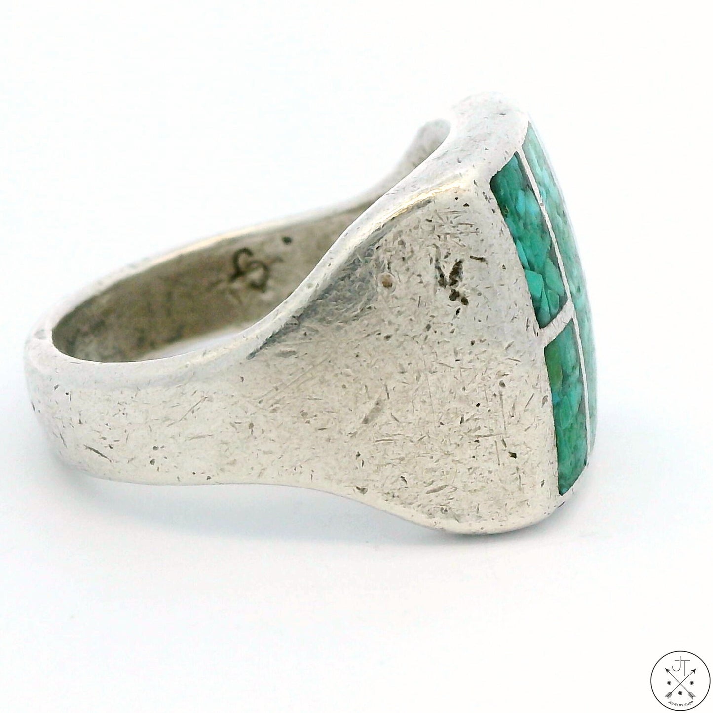 Vintage Navajo Sterling Silver Turquoise Inlay Ring Size 8.75 Signed Joe