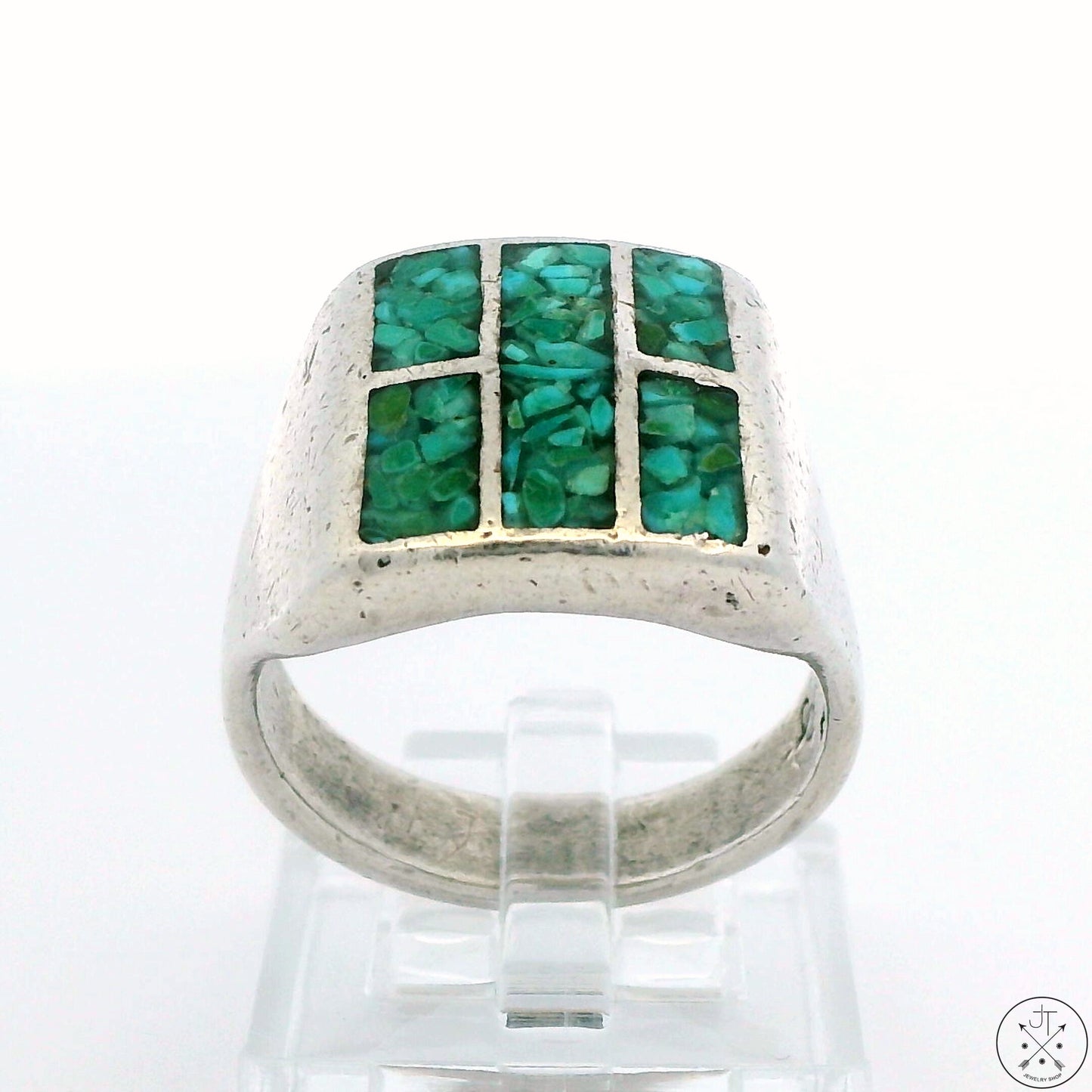 Vintage Navajo Sterling Silver Turquoise Inlay Ring Size 8.75 Signed Joe