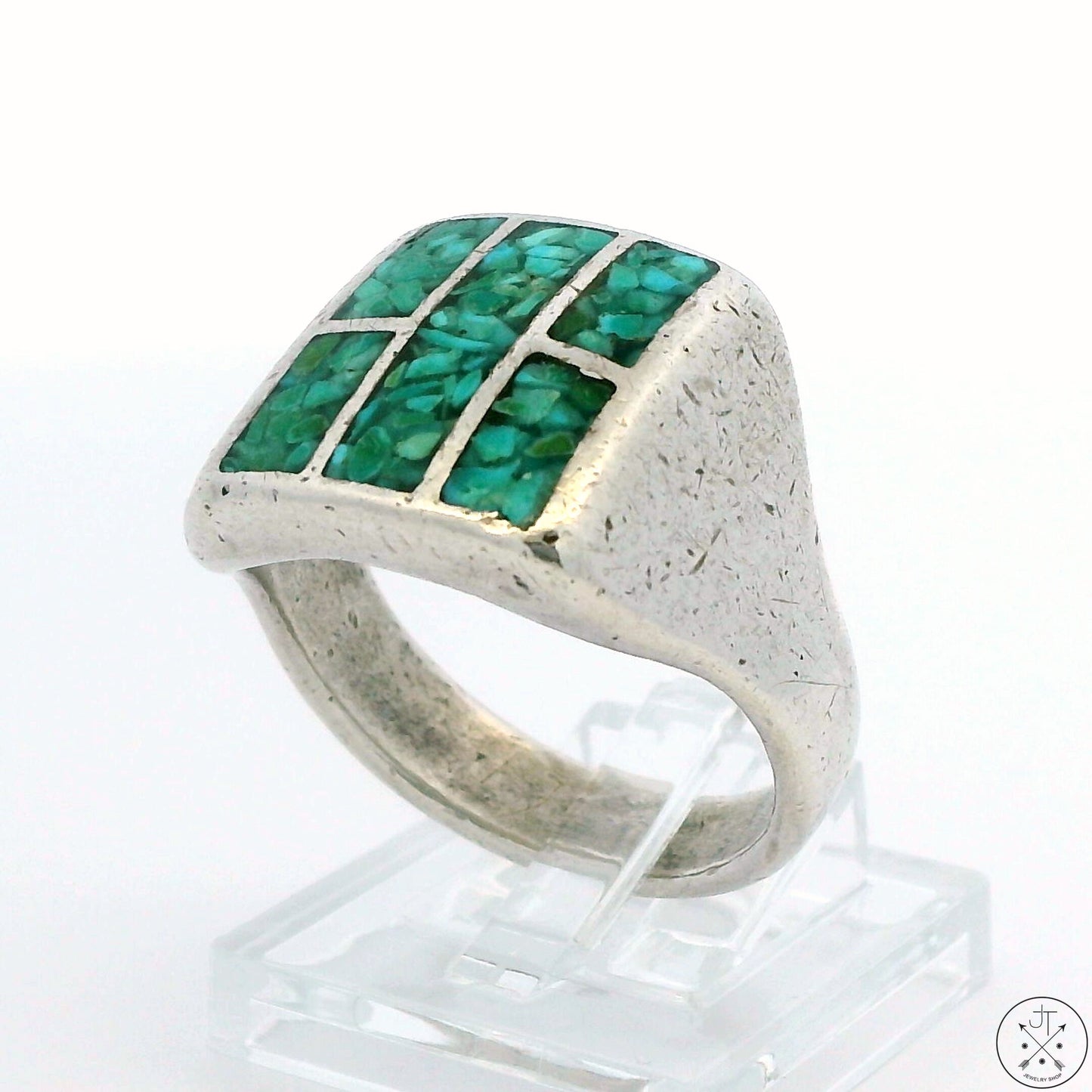 Vintage Navajo Sterling Silver Turquoise Inlay Ring Size 8.75 Signed Joe