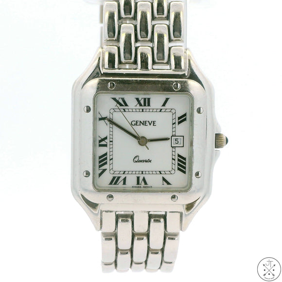 Vintage 14k White Gold Geneve Watch Swiss 28 mm Quartz Date Runs Personalized Back