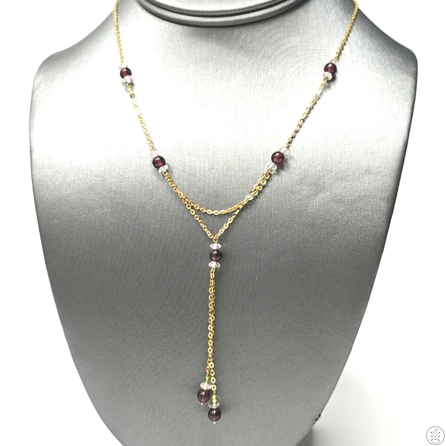 Vintage 14k Italy Yellow Gold 16 in Station Necklace Lariat Y-Drop Negligee Garnet Quartz
