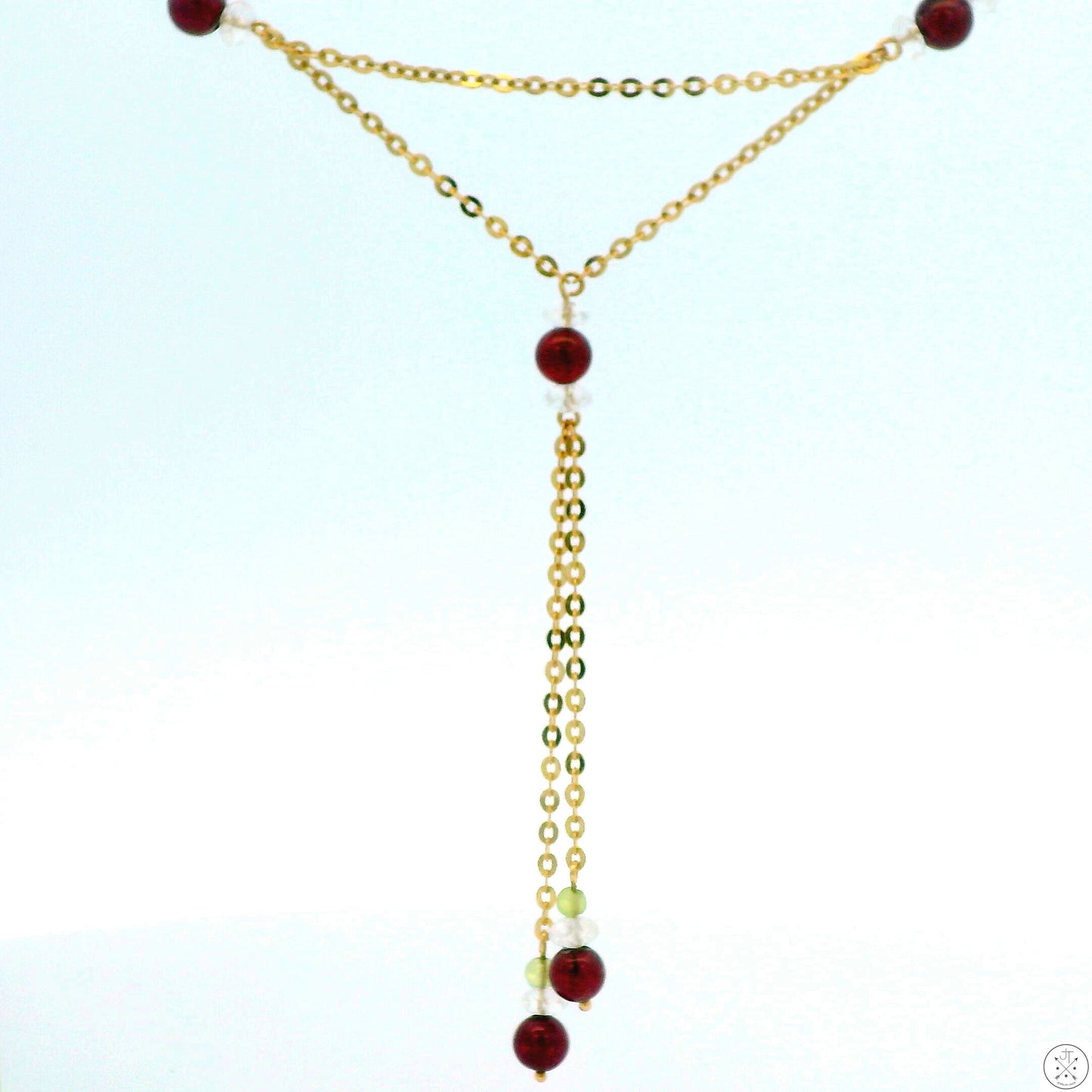 Vintage 14k Italy Yellow Gold 16 in Station Necklace Lariat Y-Drop Negligee Garnet Quartz