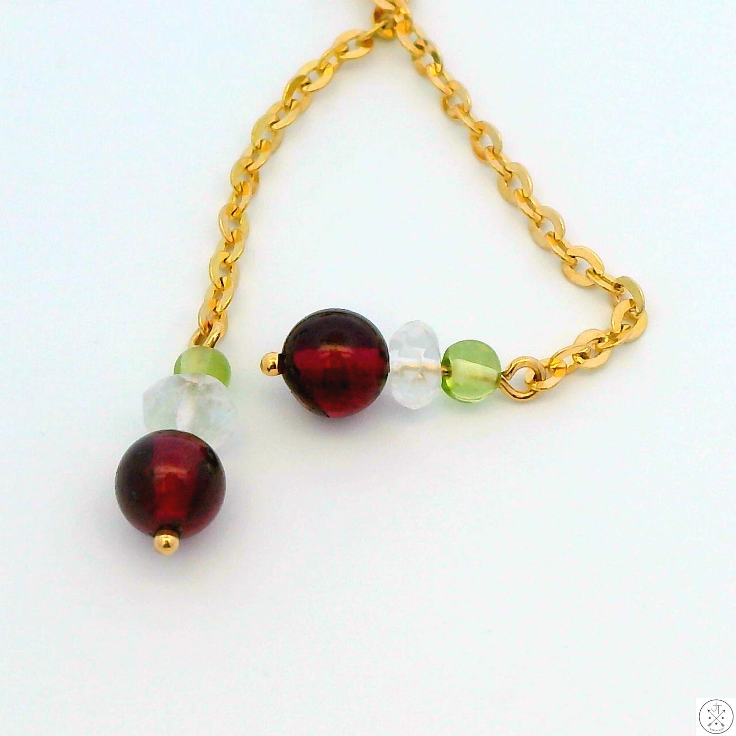 Vintage 14k Italy Yellow Gold 16 in Station Necklace Lariat Y-Drop Negligee Garnet Quartz