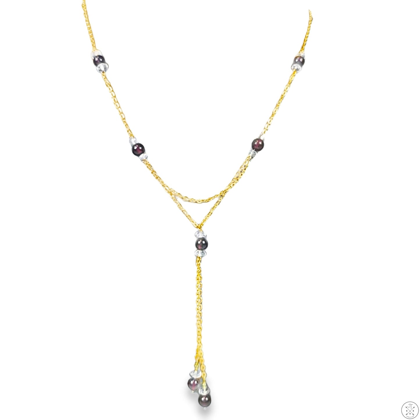 Vintage 14k Italy Yellow Gold 16 in Station Necklace Lariat Y-Drop Negligee Garnet Quartz