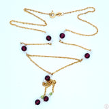 Vintage 14k Italy Yellow Gold 16 in Station Necklace Lariat Y-Drop Negligee Garnet Quartz