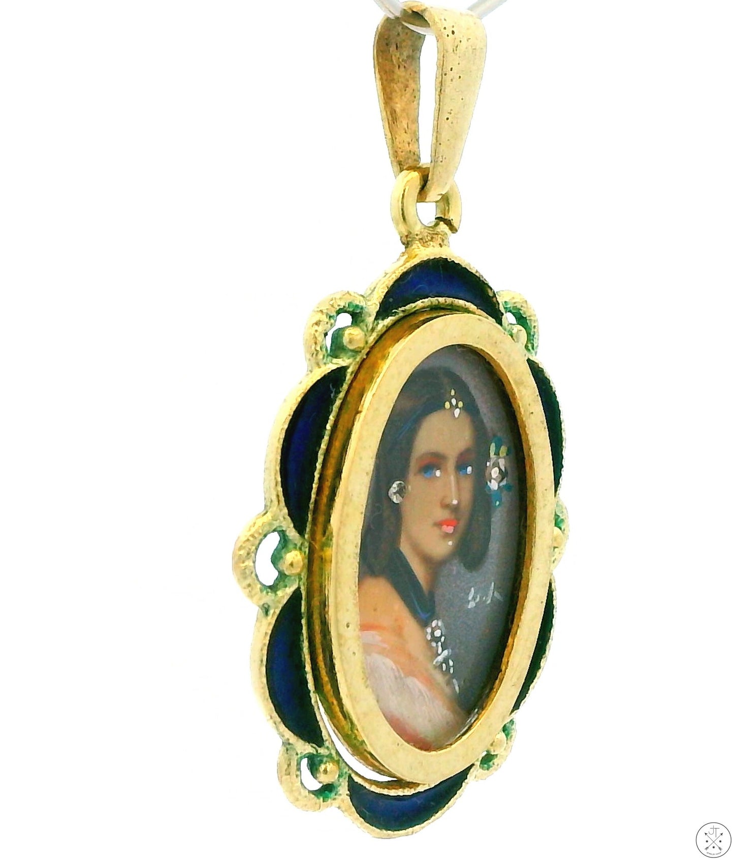 Antique 14k Yellow Gold Miniature Portrait Painting Pendant Enamel and Diamond Victorian