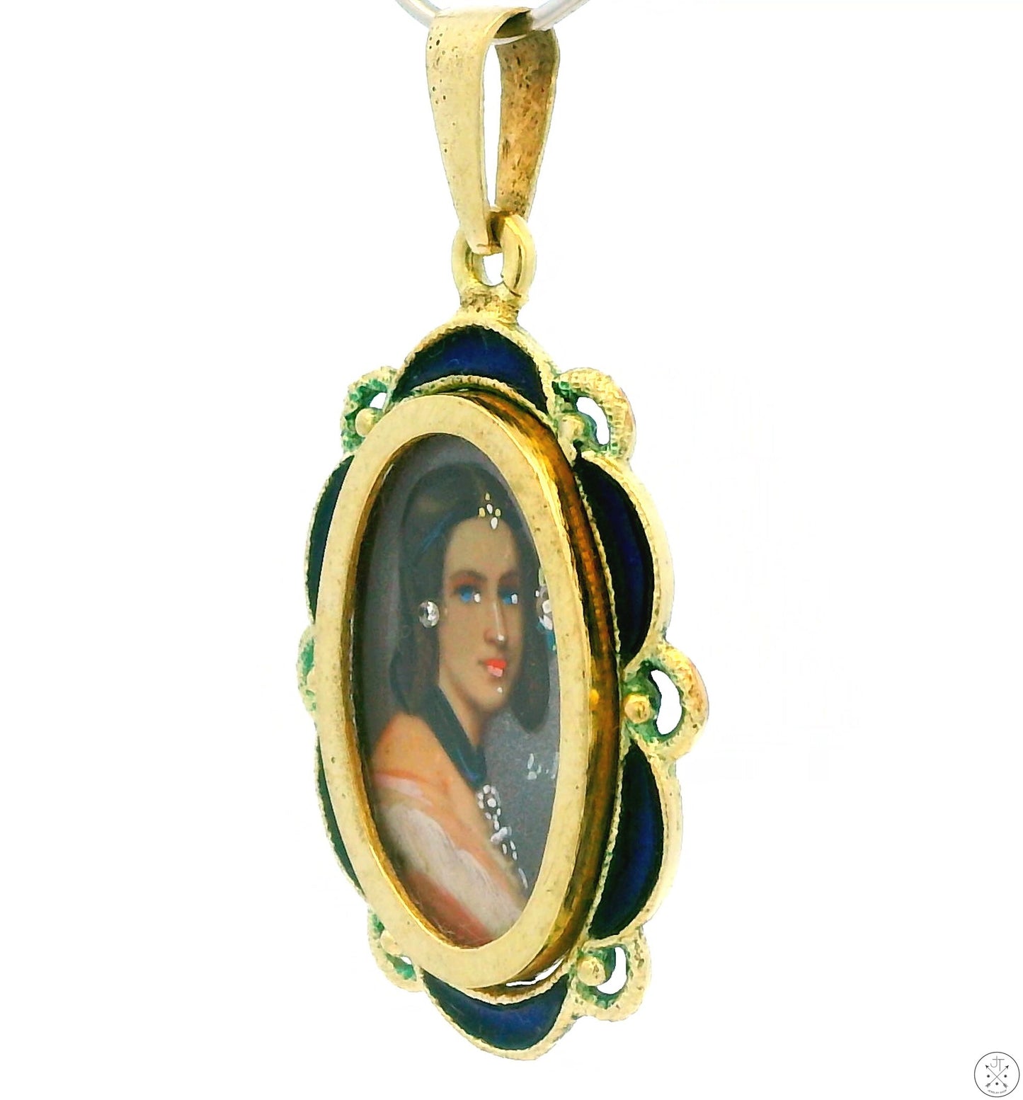 Antique 14k Yellow Gold Miniature Portrait Painting Pendant Enamel and Diamond Victorian