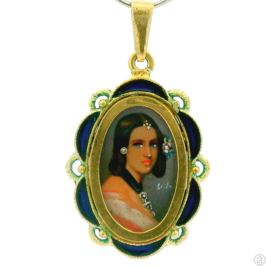 Antique 14k Yellow Gold Miniature Portrait Painting Pendant Enamel and Diamond Victorian
