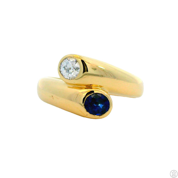 Vintage 14k Yellow Gold Ring with Sapphire Euro Diamond Size 8 Bypass Style