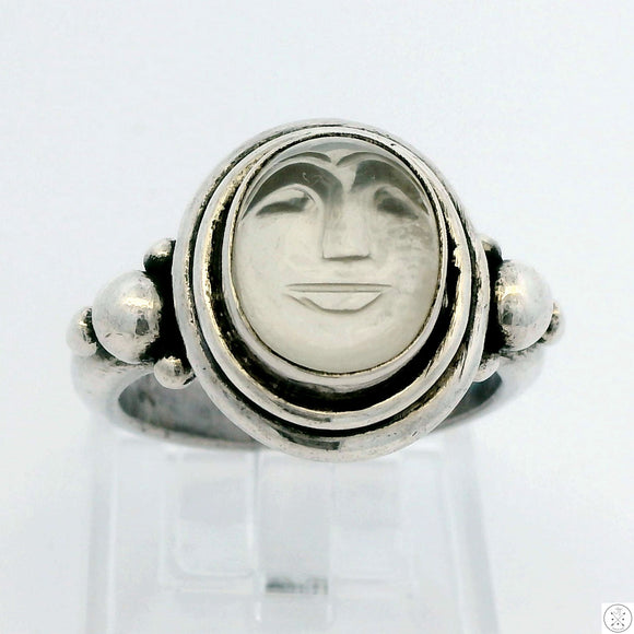 Vintage Sterling Silver Ring with Happy Face Smiling Cabochon Size 8.25 Glass