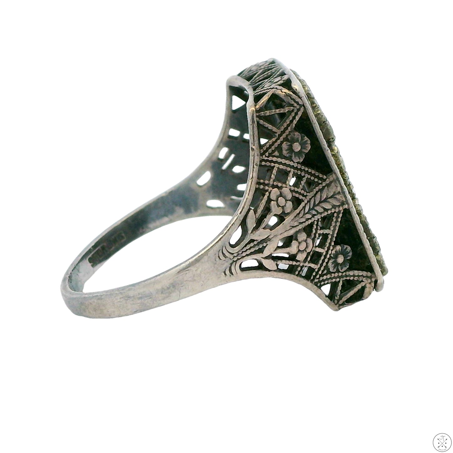Vintage Sterling Silver Filigree Ring with Iron Pyrite Size 7.5