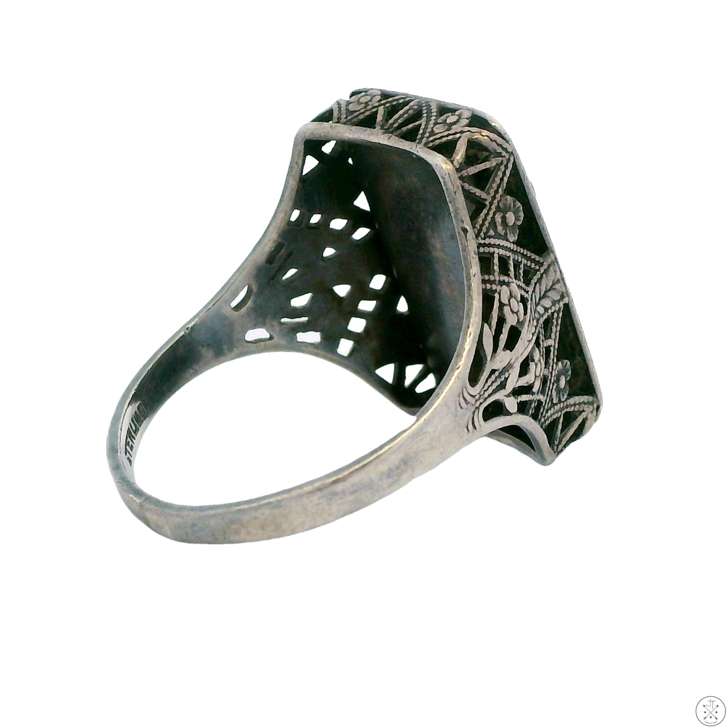 Vintage Sterling Silver Filigree Ring with Iron Pyrite Size 7.5