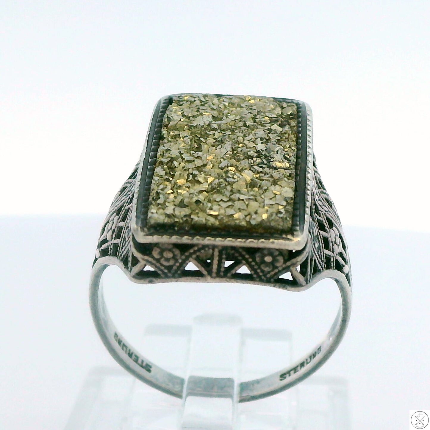 Vintage Sterling Silver Filigree Ring with Iron Pyrite Size 7.5