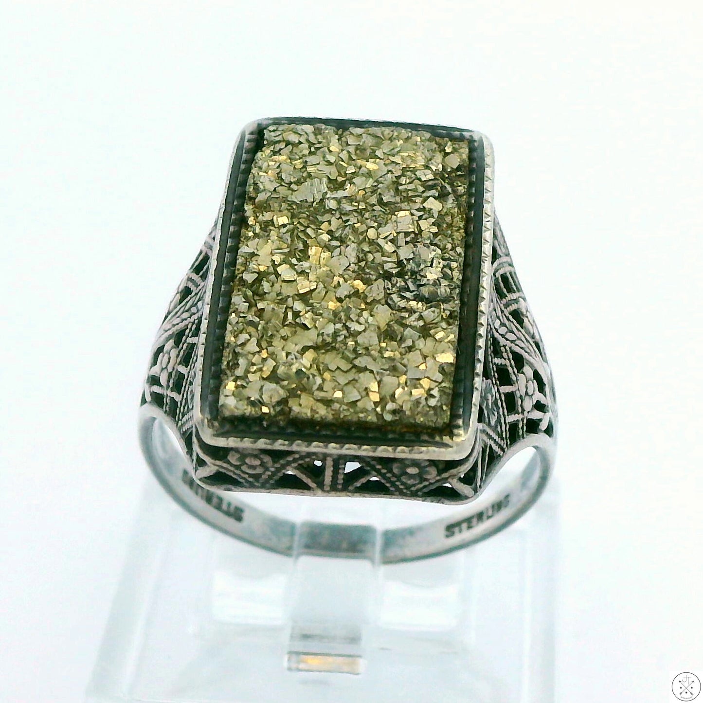 Vintage Sterling Silver Filigree Ring with Iron Pyrite Size 7.5