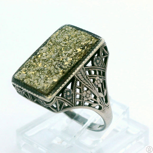 Vintage Sterling Silver Filigree Ring with Iron Pyrite Size 7.5