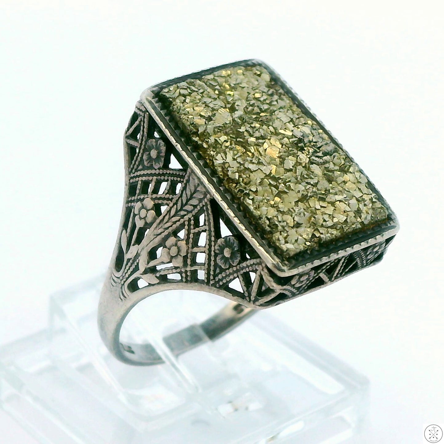 Vintage Sterling Silver Filigree Ring with Iron Pyrite Size 7.5