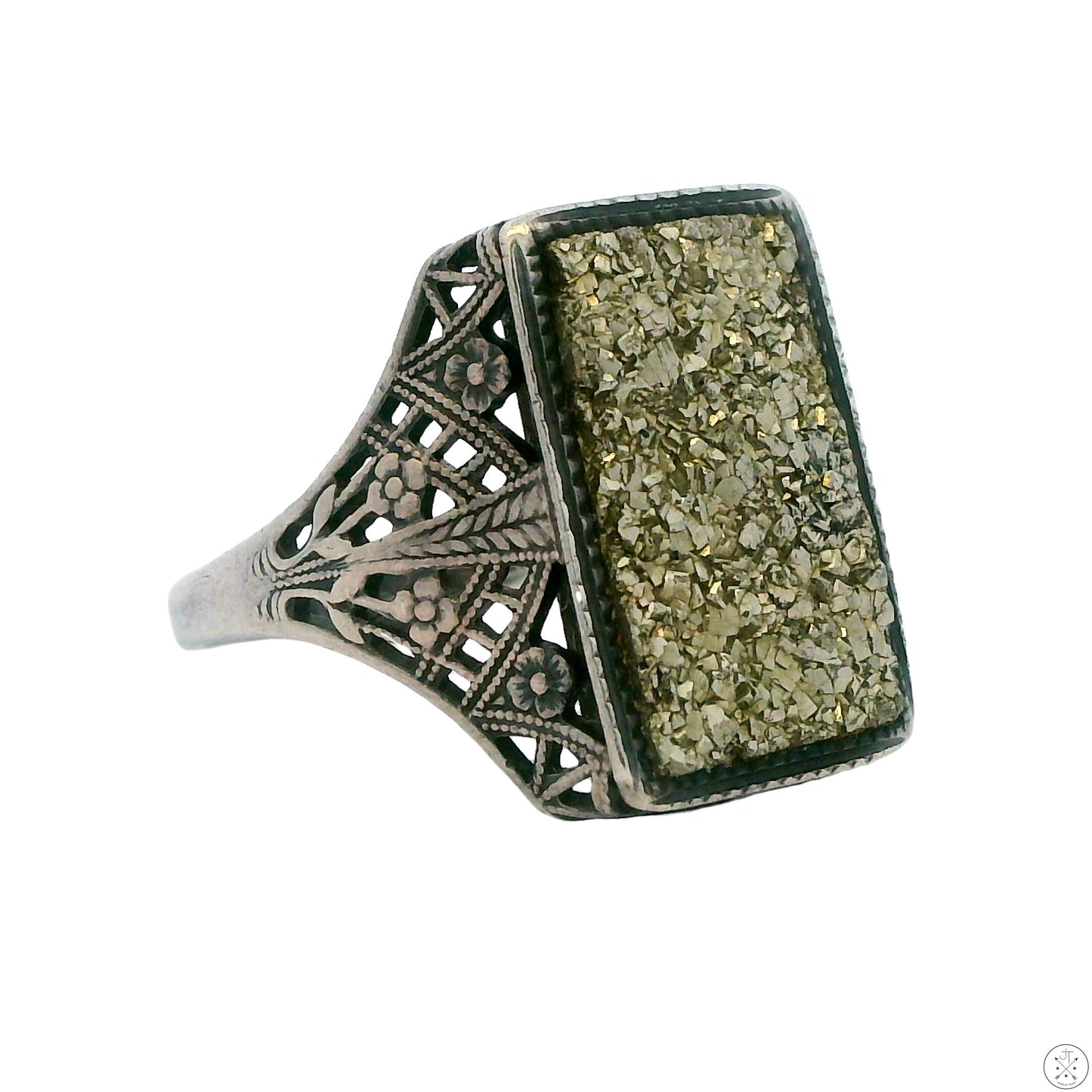 Vintage Sterling Silver Filigree Ring with Iron Pyrite Size 7.5