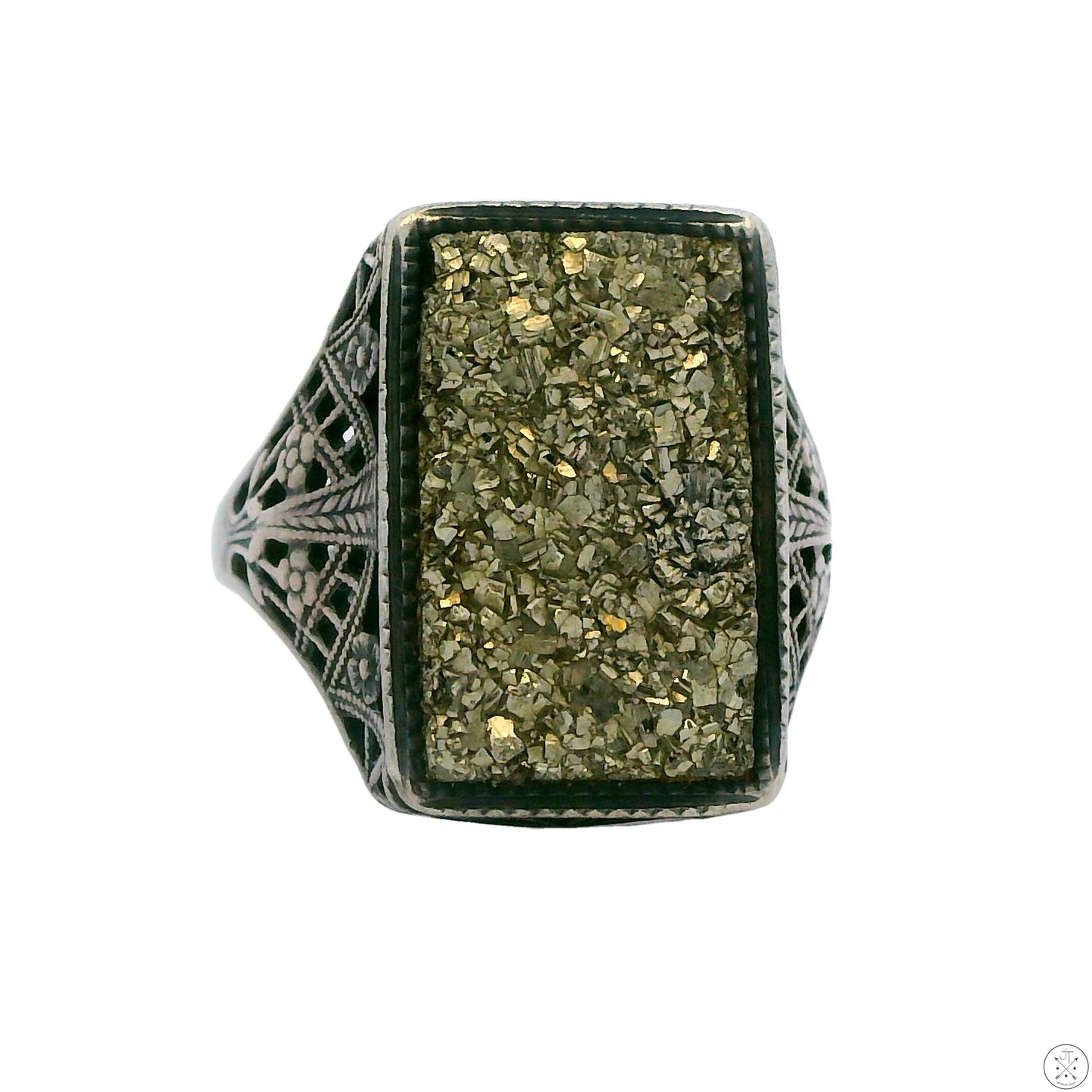Vintage Sterling Silver Filigree Ring with Iron Pyrite Size 7.5