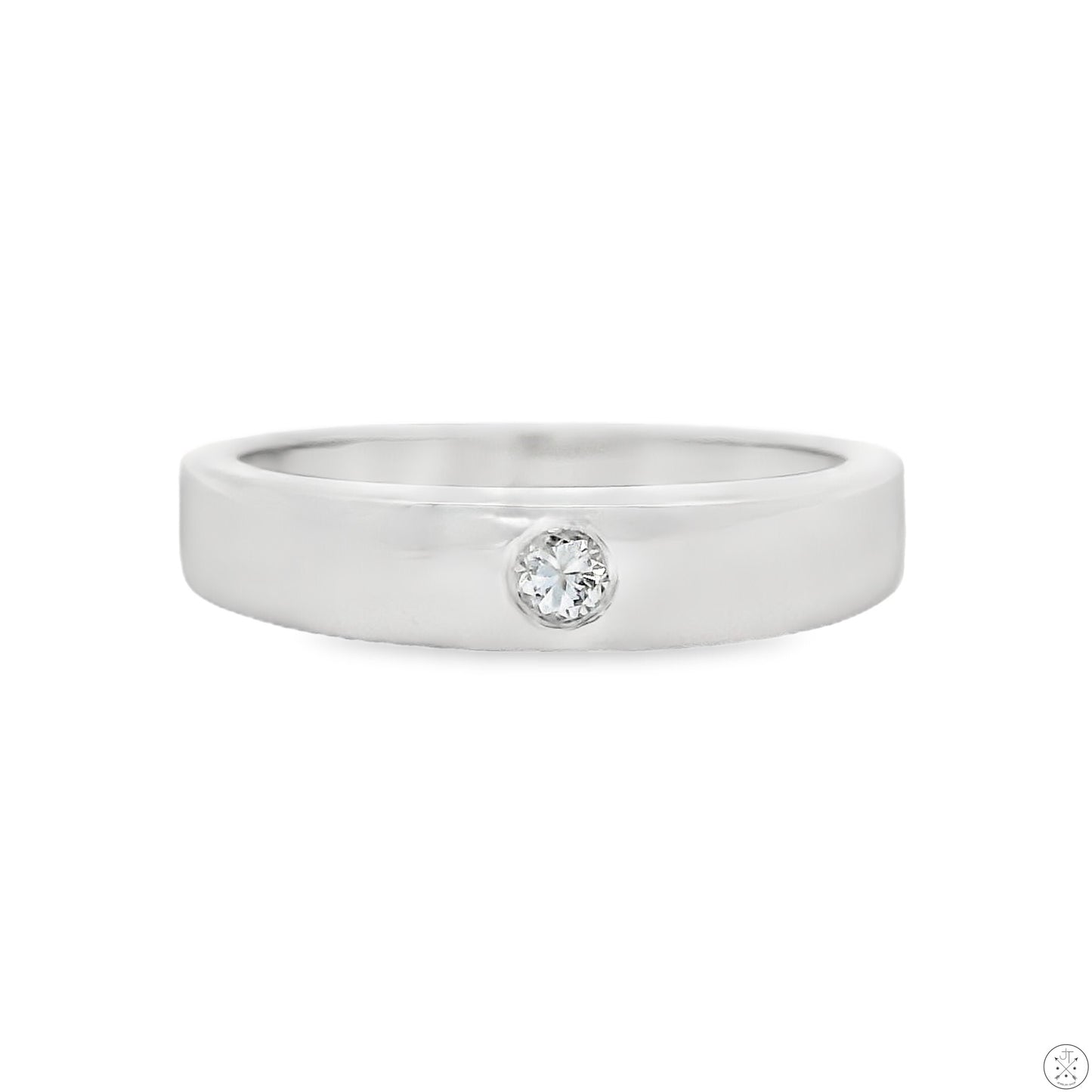 A simple band ring with a single diamond set on it, made of 14k white gold.