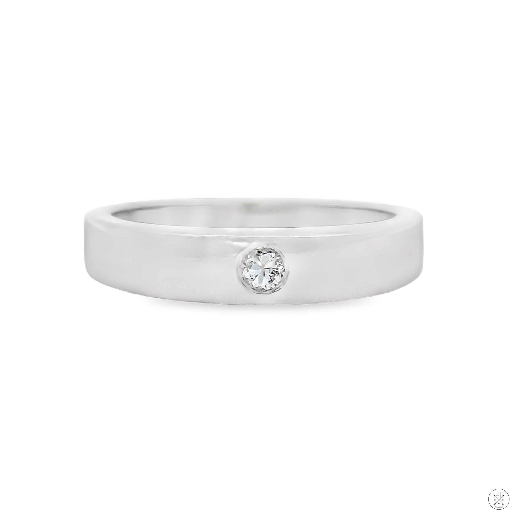 A simple band ring with a single diamond set on it, made of 14k white gold.