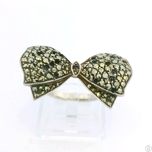 Vintage Sterling Silver Wide Bow Ring with Marcasite Size 6.75