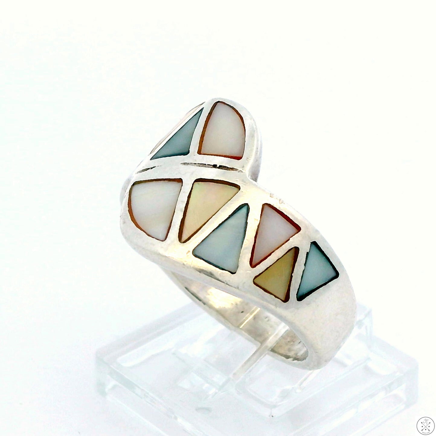 Vintage Sterling Silver Wide Band with Mother of Pearl Inlay Size 9