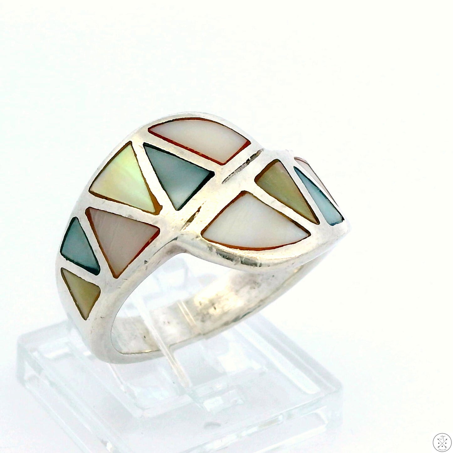 Vintage Sterling Silver Wide Band with Mother of Pearl Inlay Size 9