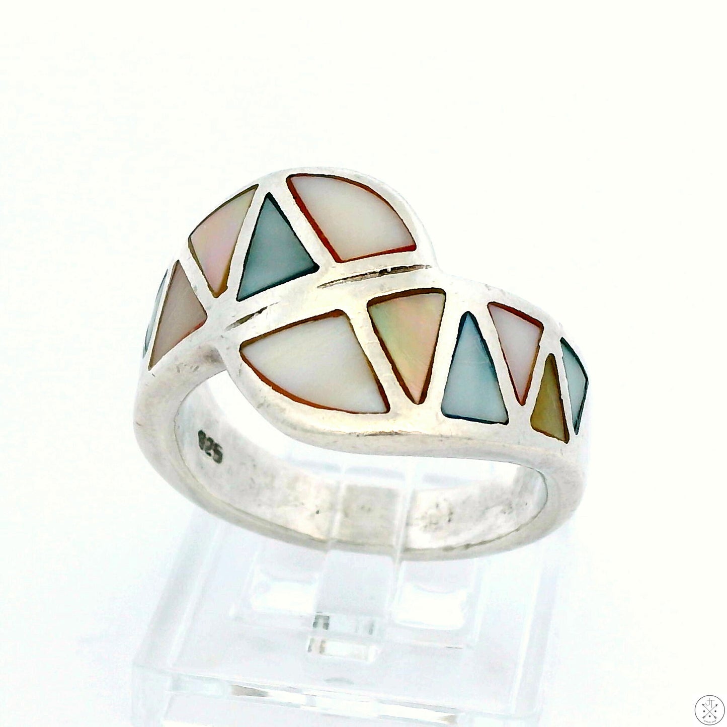 Vintage Sterling Silver Wide Band with Mother of Pearl Inlay Size 9