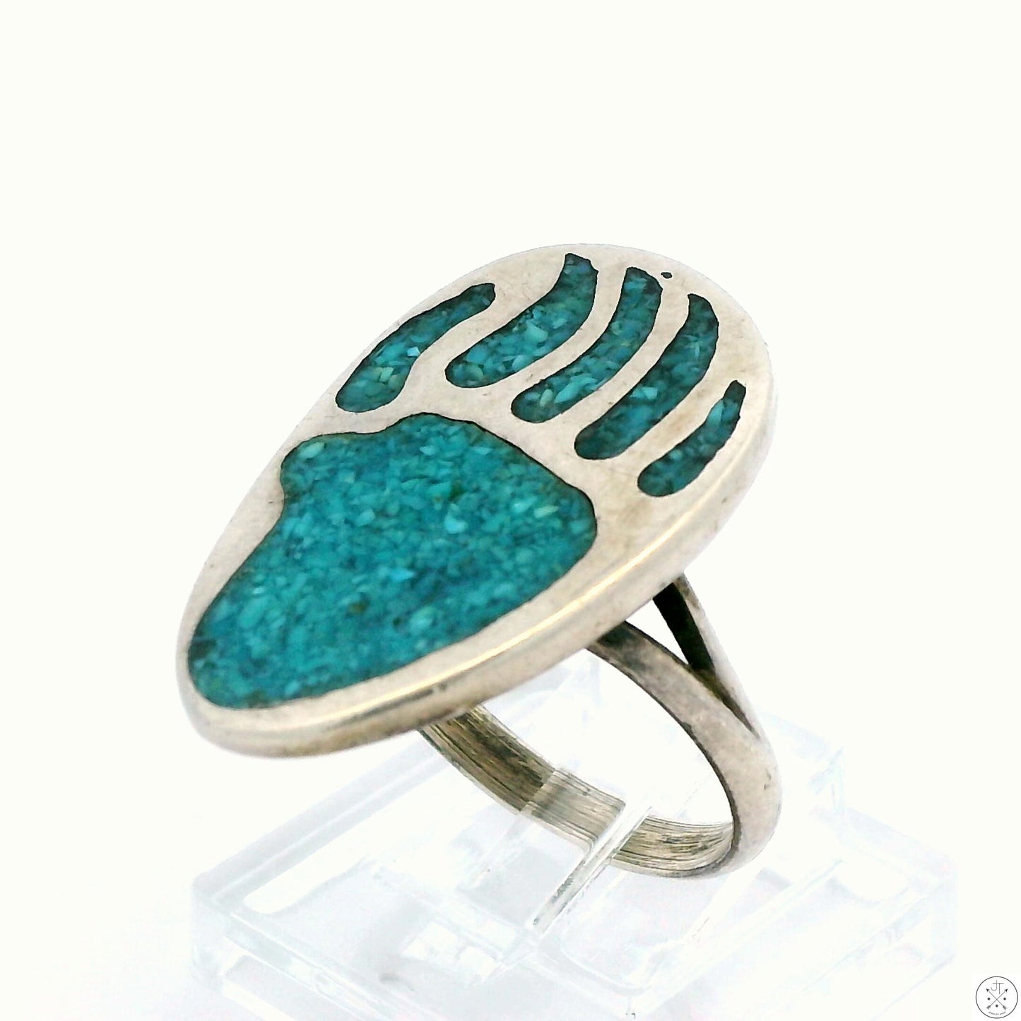 Vintage Sterling Silver Bear Paw Ring with Turquoise Inlay Size 7