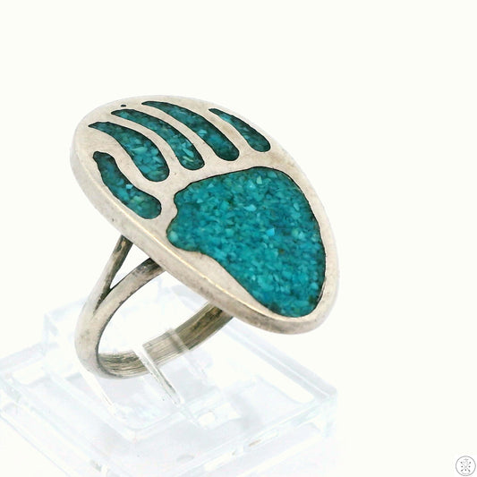 Vintage Sterling Silver Bear Paw Ring with Turquoise Inlay Size 7