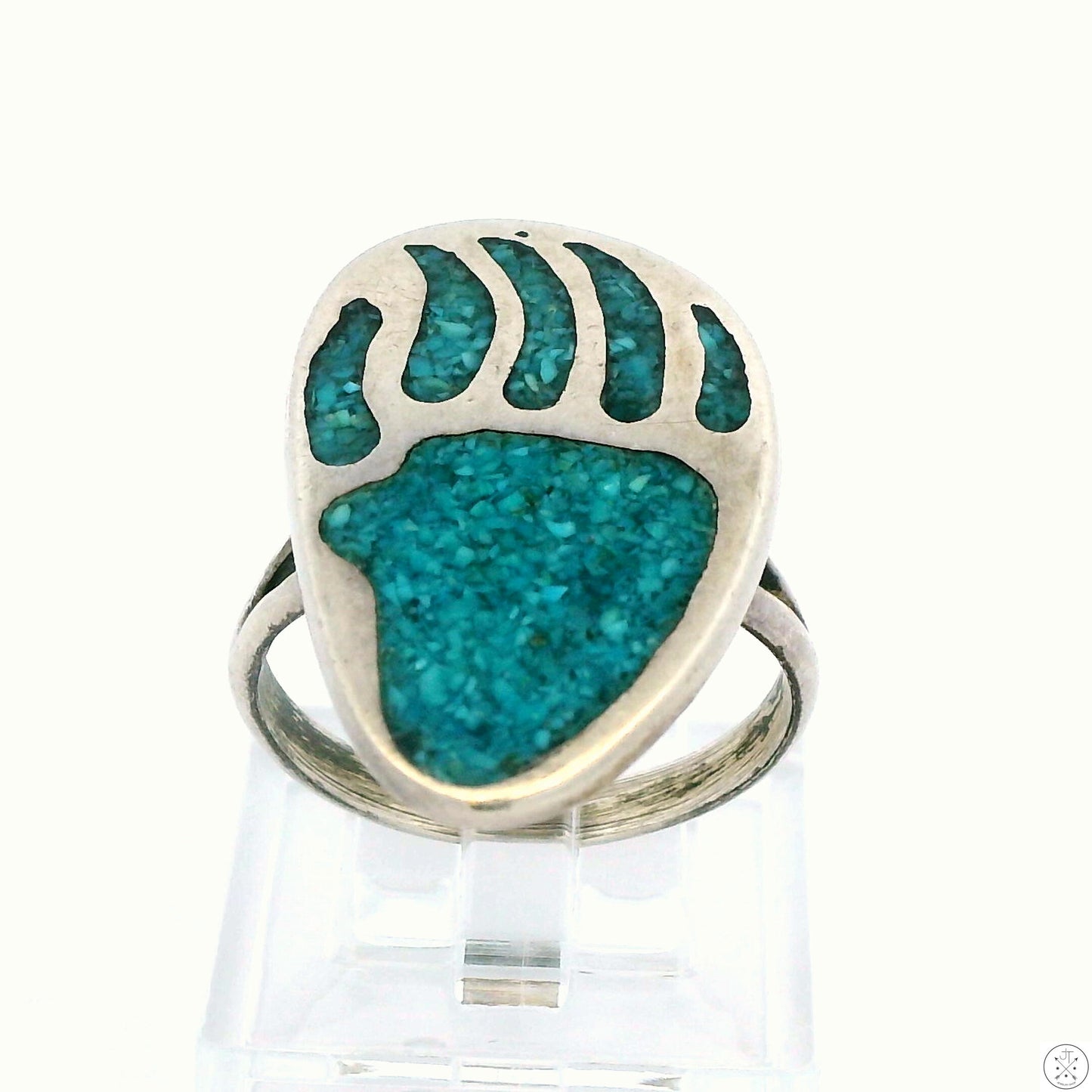 Vintage Sterling Silver Bear Paw Ring with Turquoise Inlay Size 7