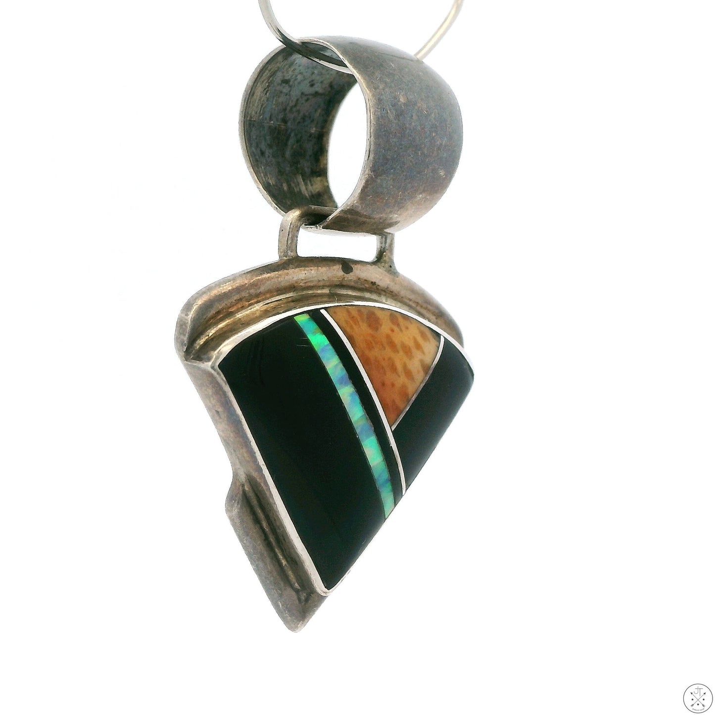 Vintage Navajo Sterling Silver Pendant Signed Albert Francisco Onyx Opal