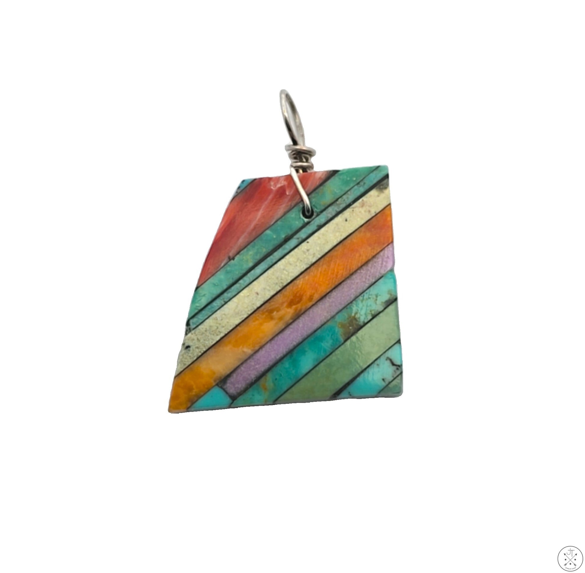 A vintage Kewa inlay pendant with stripes of turquoise and other colors on a shell backing, with a sterling silver bale.