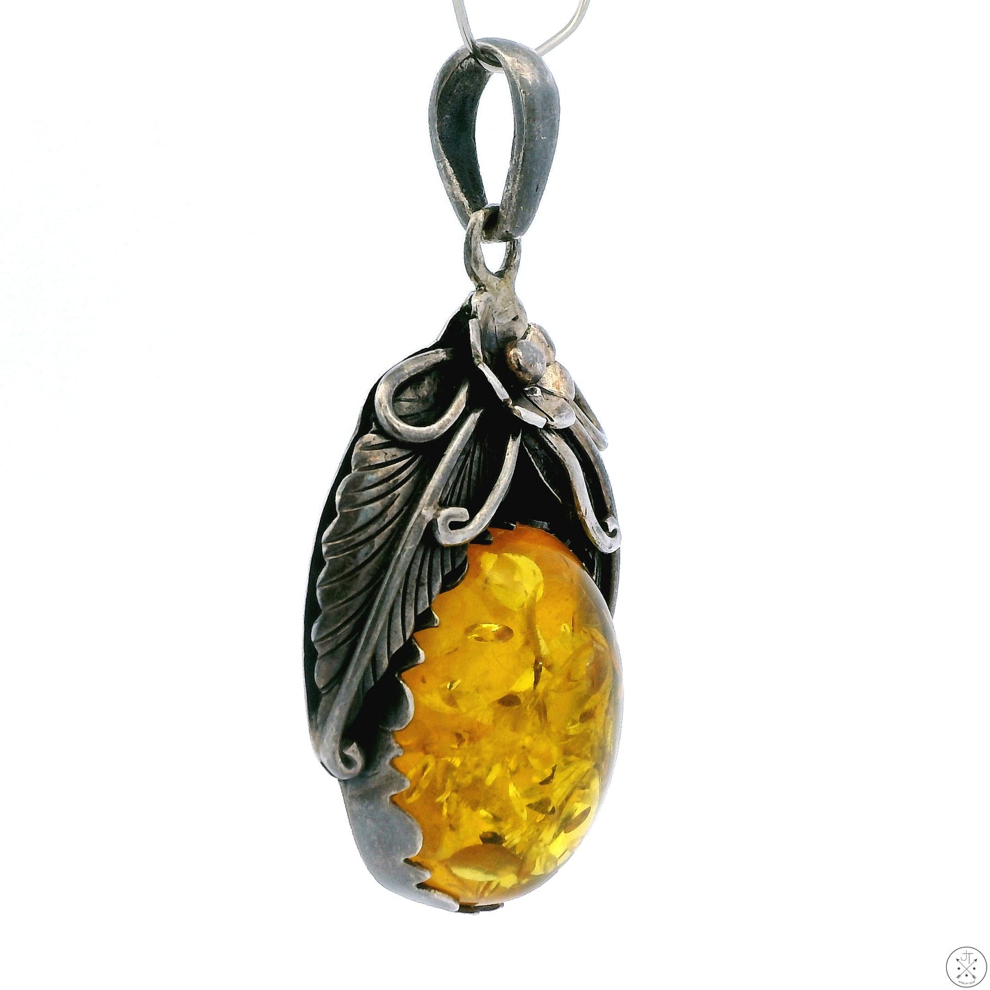 Vintage Sterling Silver Pendant with Yellow Baltic Amber Cabochon Seeds