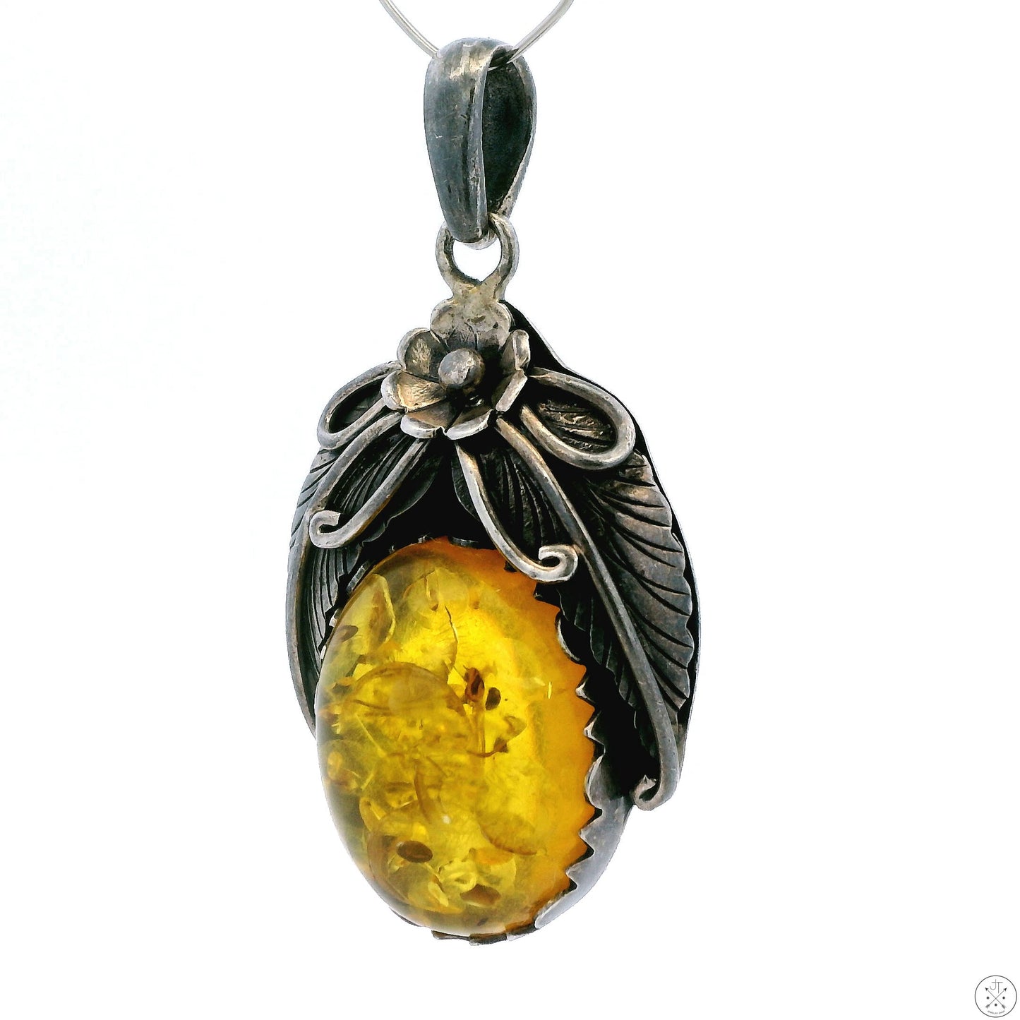 Vintage Sterling Silver Pendant with Yellow Baltic Amber Cabochon Seeds